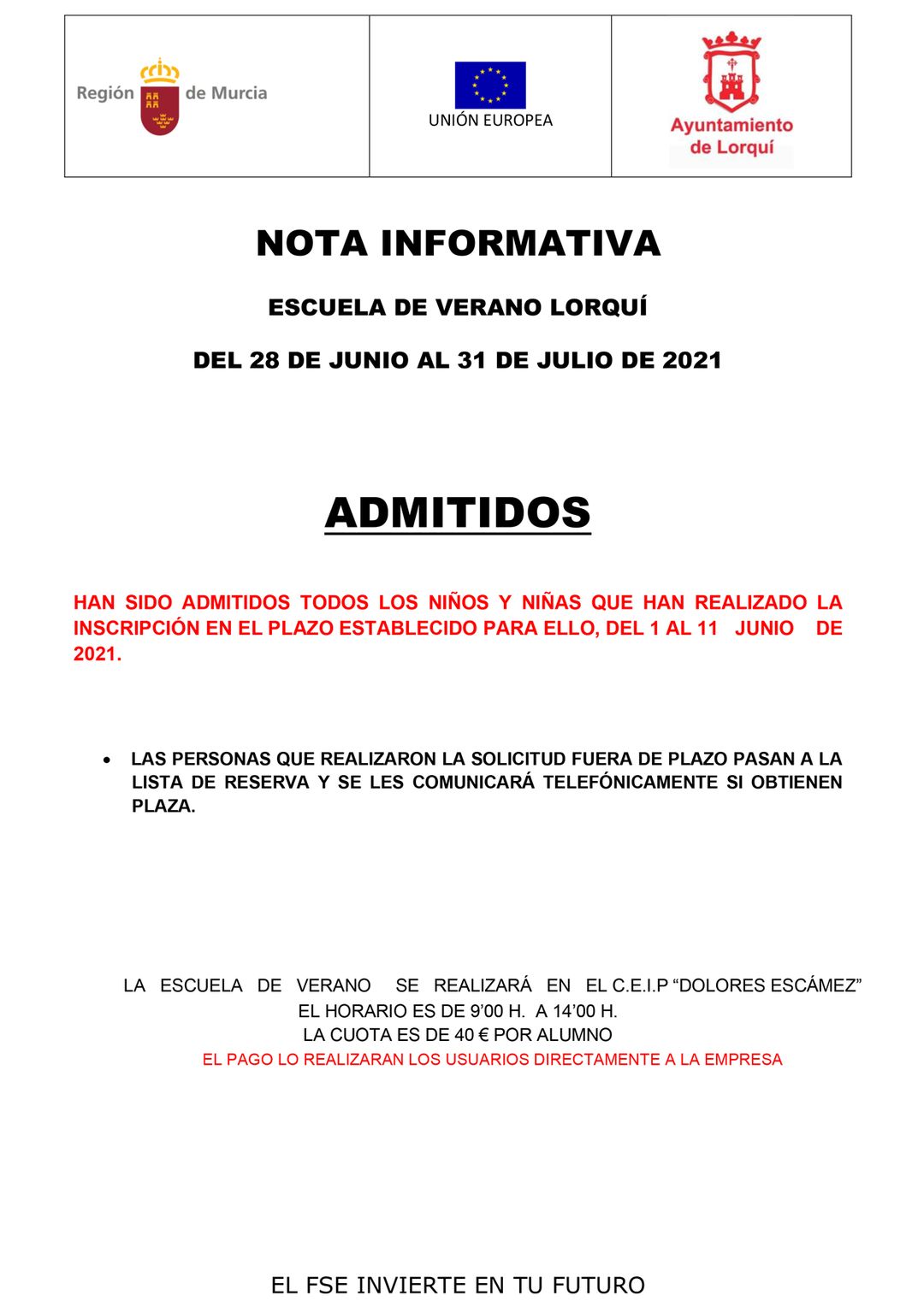 Admisión alumnos escuela de verano