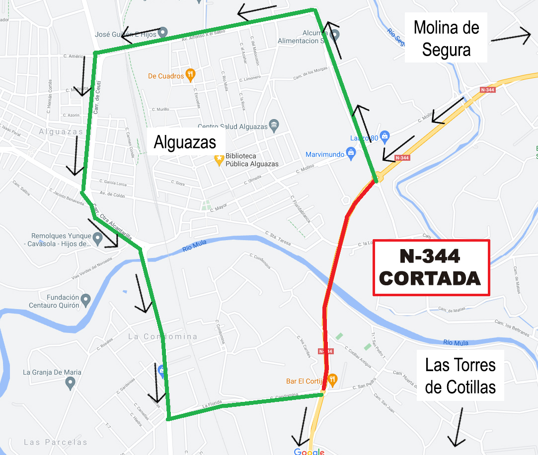 Este es el itinerario de circulación ante el desvío y corte de la N-344 a su paso por Alguazas