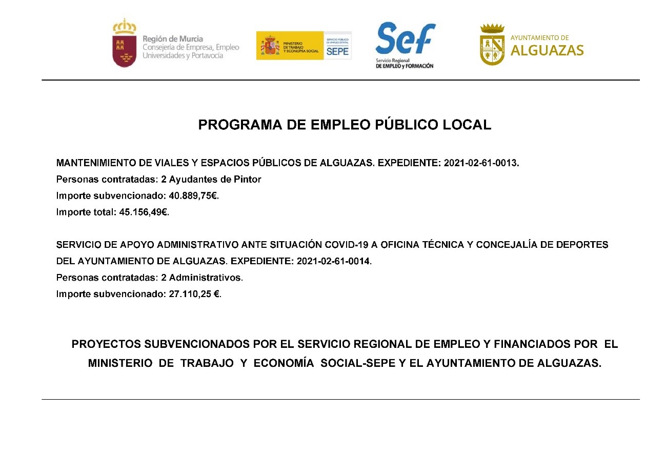 Nuevo programa de Empleo Público Local en Alguazas por el que se contrataran a 4 desempleados