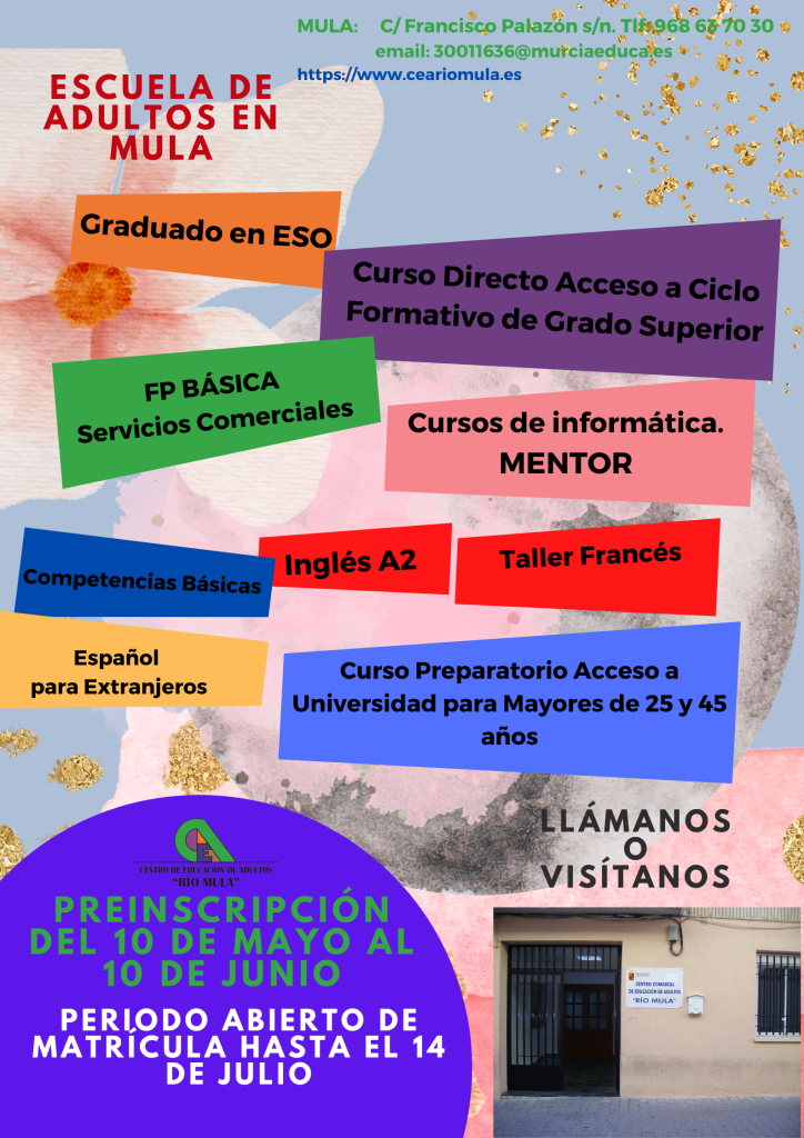 EDUCACIÓN | Centro comarcal de Educación de Adultos "Río Mula": Abierto plazo de inscripción - hasta el 10 de junio